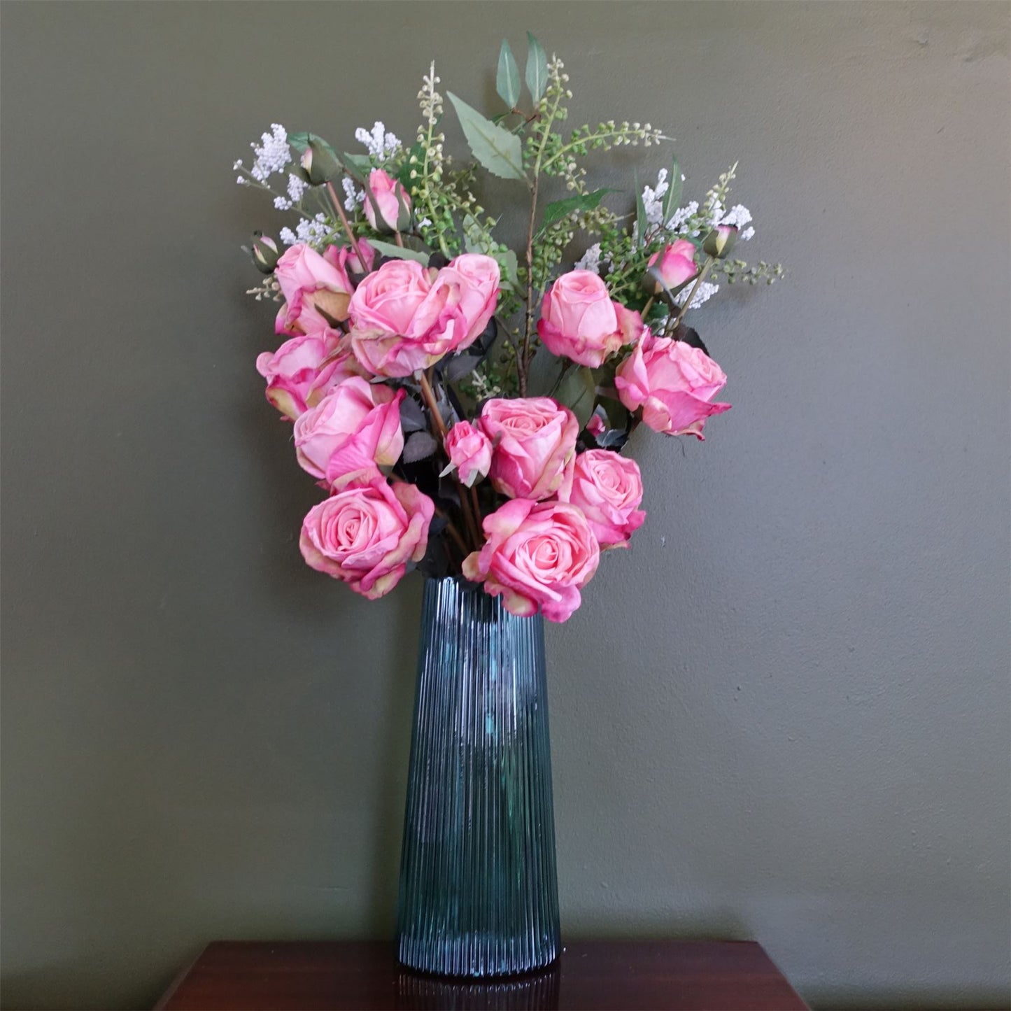 60cm Pink Rose Artificial Flower Display Glass Vase – image 6