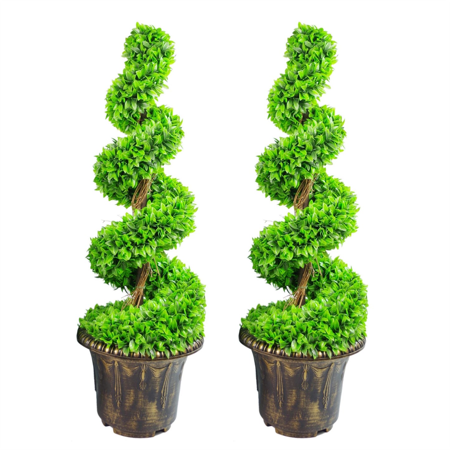90cm Artificial Pair of Green Leaf Spiral Topiary Trees with Planters