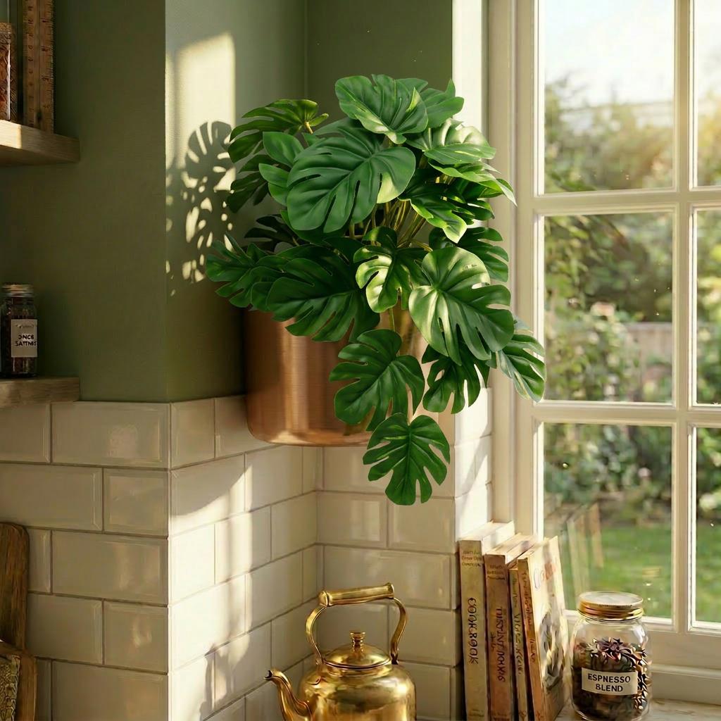 25cm Artificial Realistic Monstera Stem Plant Dark Green – image 2