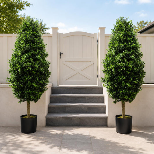 Artificial 120cm Pair of Buxus Ball Cone Tree UV Resistant Outdoor