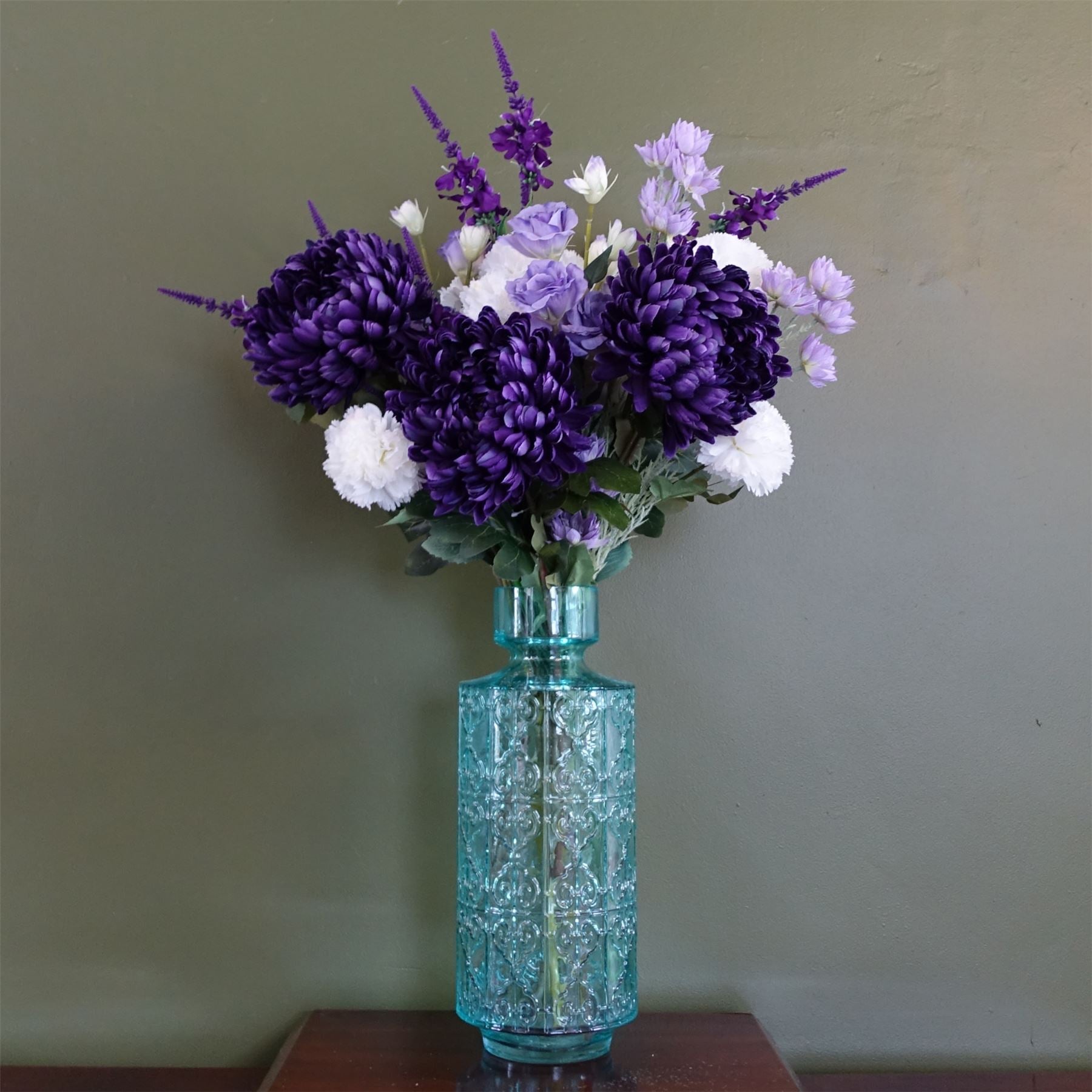 80cm Artificial Purple Chrysanthemum Arrangement Glass Vase – image 6
