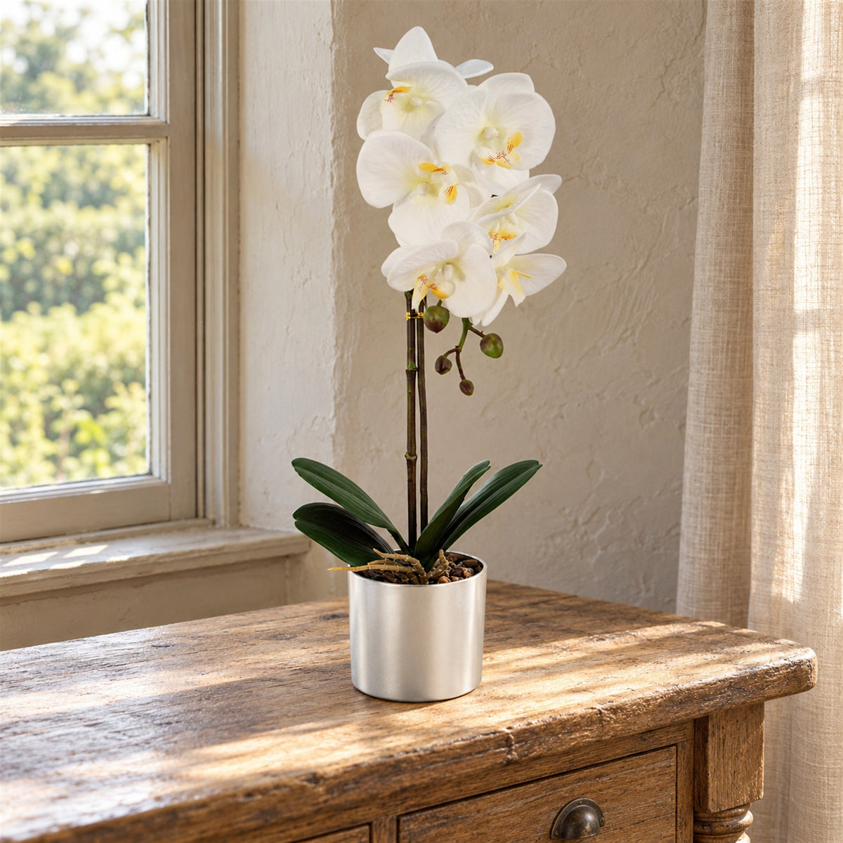46cm Artificial Orchid White with Silver Pot
