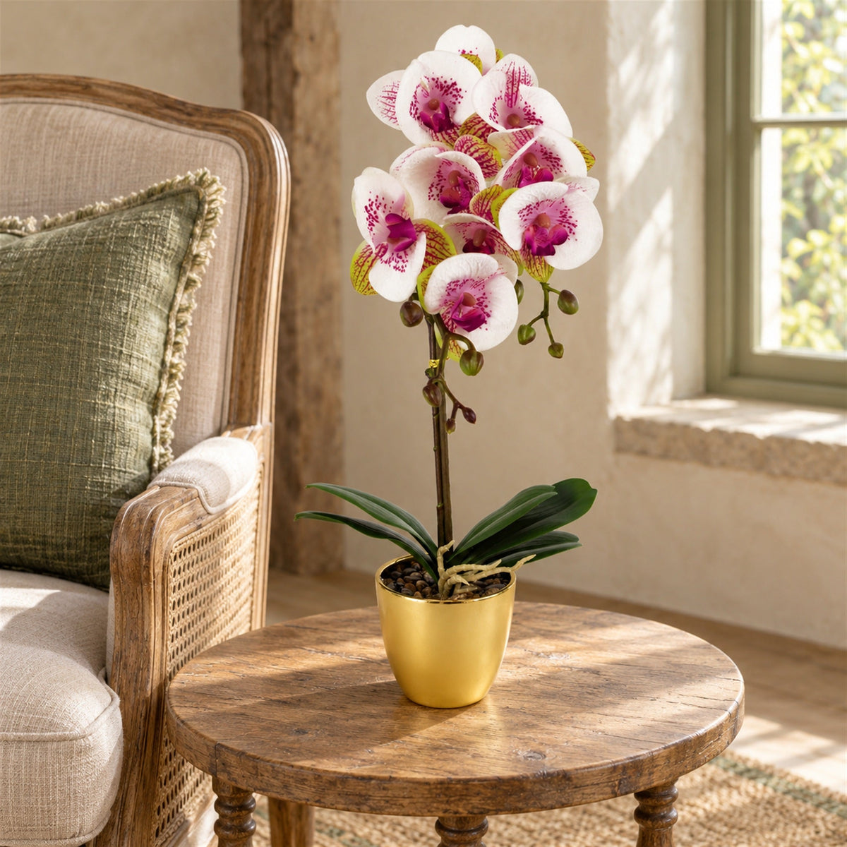 48cm Harlequin Orchid Artificial Pink with Gold Pot