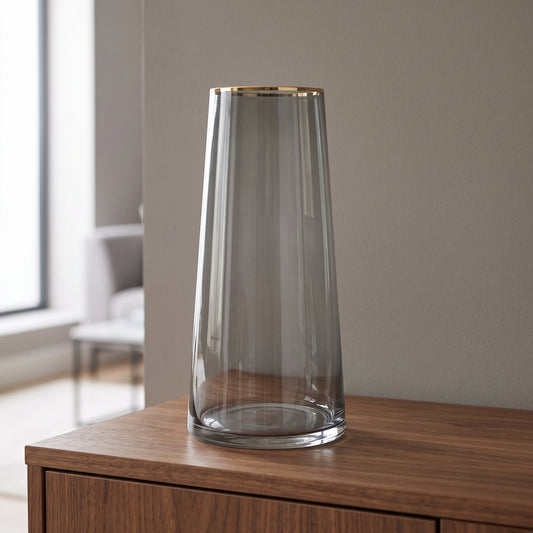 28cm Gold Rim Smoke Grey Glass Vase