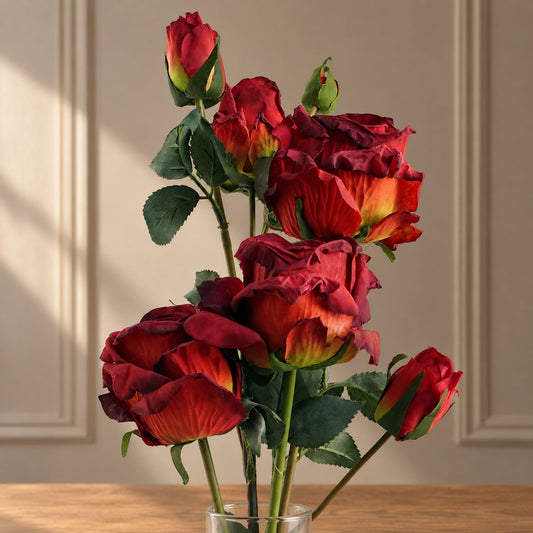 60cm Red Rose Artificial Flowers Spray 4 Flowers 3 Buds
