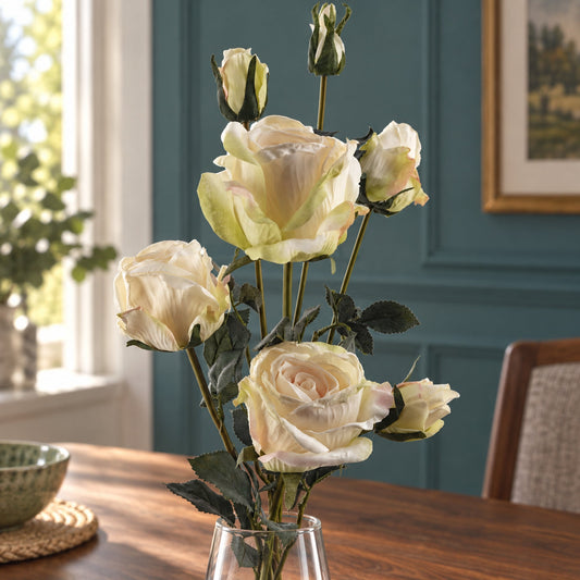 60cm Cream Rose Artificial Flowers Spray 4 Flowers 3 Buds