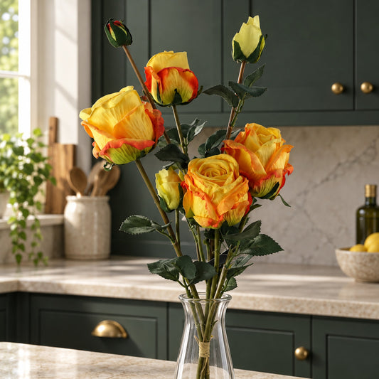60cm Yellow Rose Artificial Flowers Spray 4 Flowers 3 Buds