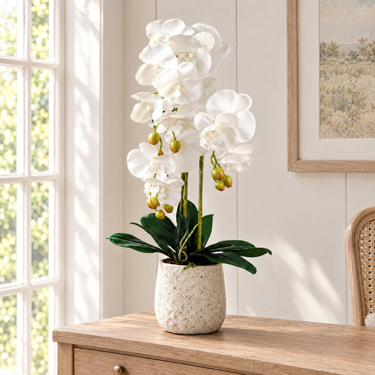 Artificial 60cm Pure White Orchid with Ceramic Bubble Planter