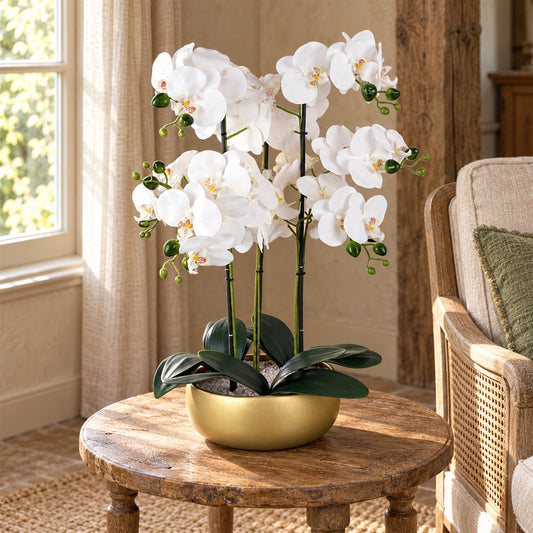 Artificial 60cm Orchid White Gold Ceramic Planter