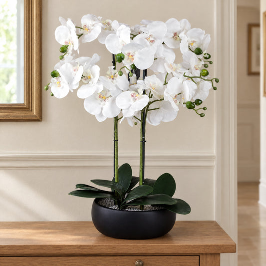Artificial 60cm Orchid White Black Ceramic Planter