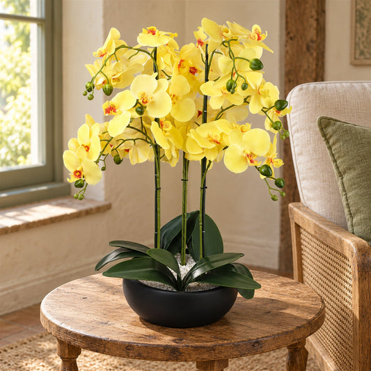 Artificial 60cm Orchid Yellow Black Ceramic Planter