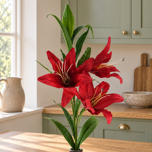 100cm Artificial Large Red Lily Stem 3 Flowers
