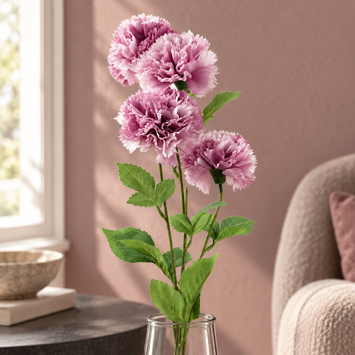 70cm Pink Artificial Carnation Stem 4 Flowers