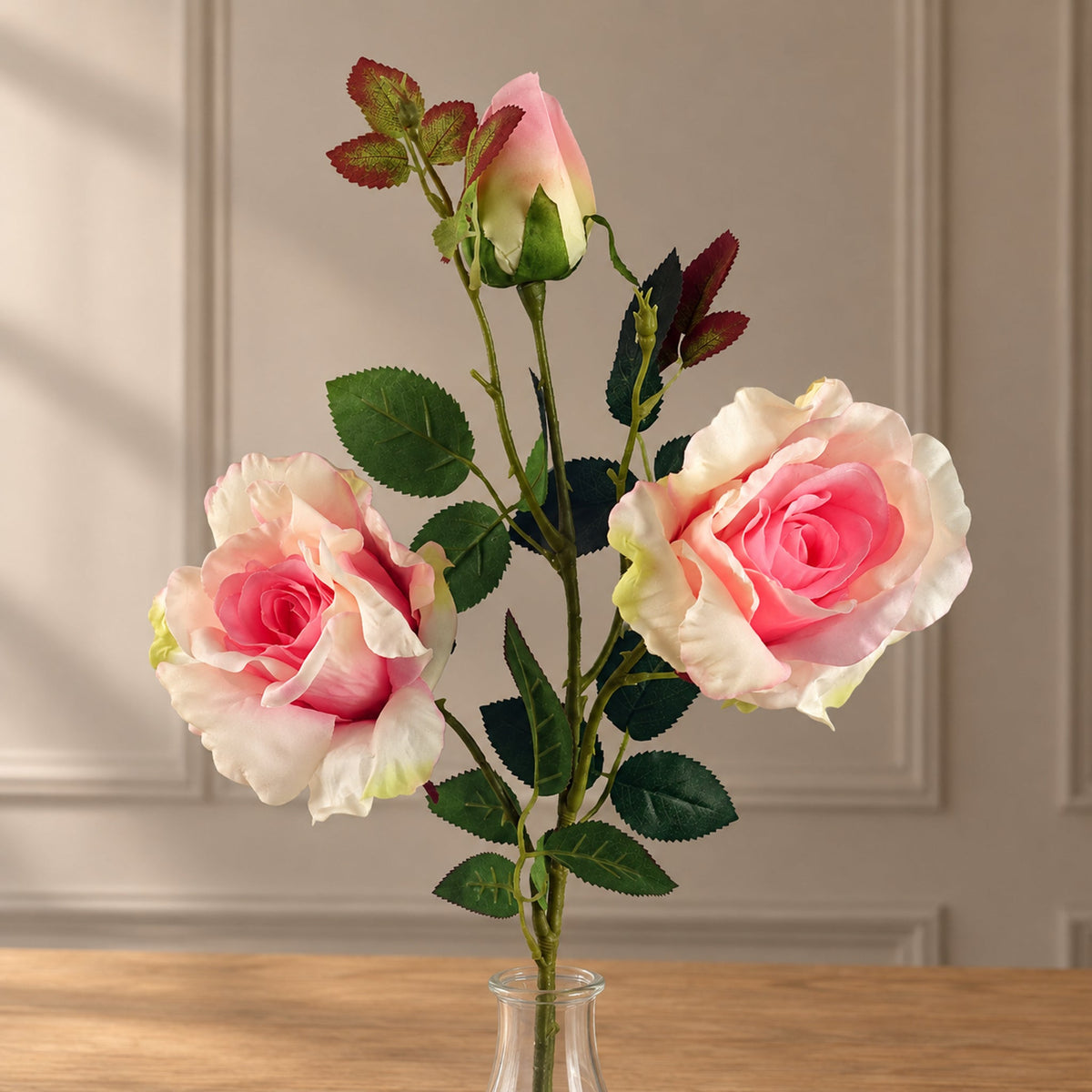 80cm Artificial Pink Rose Stem 3 flowers
