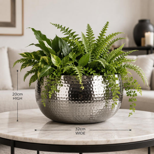 Leaf Metal Bowl Planter 32 x 20cm Hammered Silver Colour Straight Edge – image 2