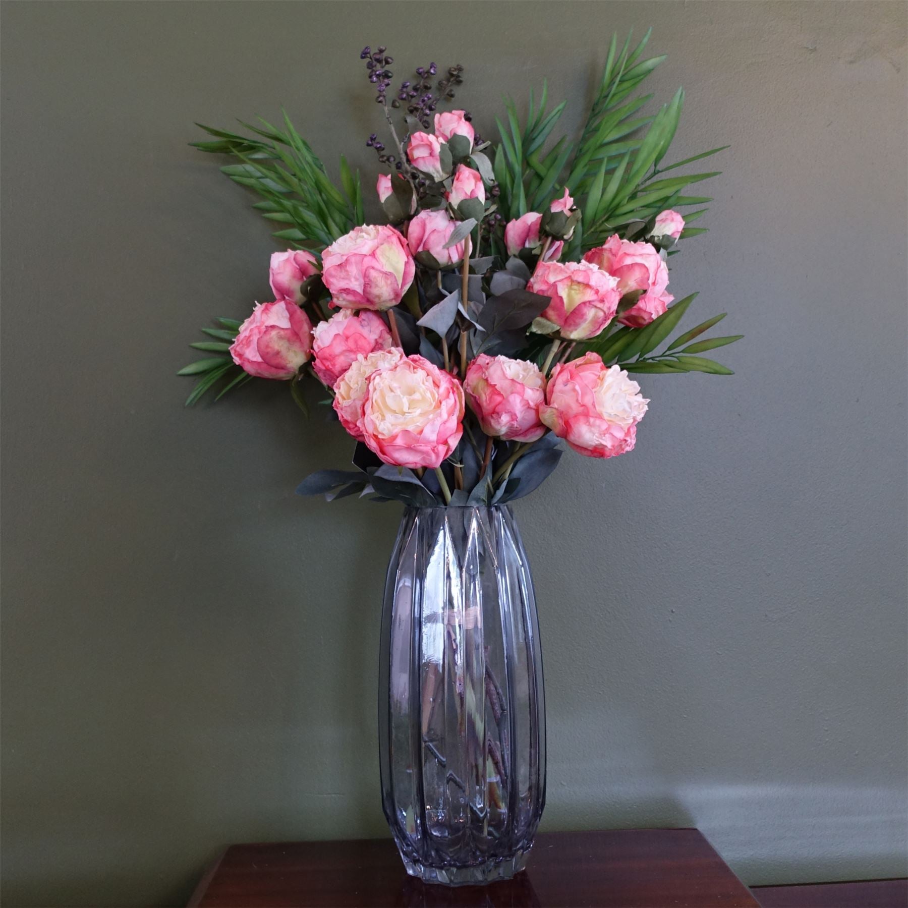 85cm Geometric Glass Vase Pink Peony and Berry Artificial Flowers – image 3