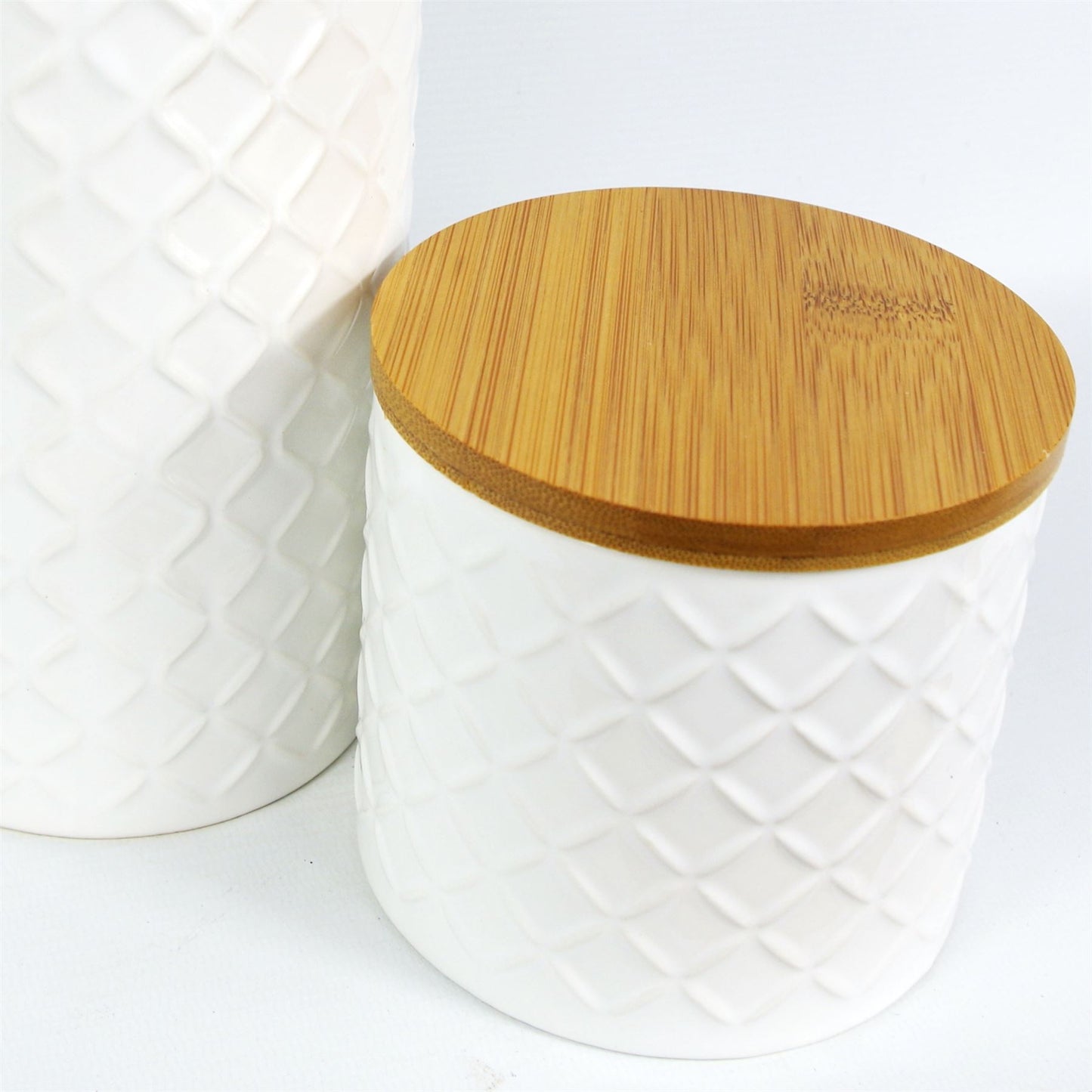 Set of Two Ceramic Jars Embossed Cream Canisters with Lids – image 5