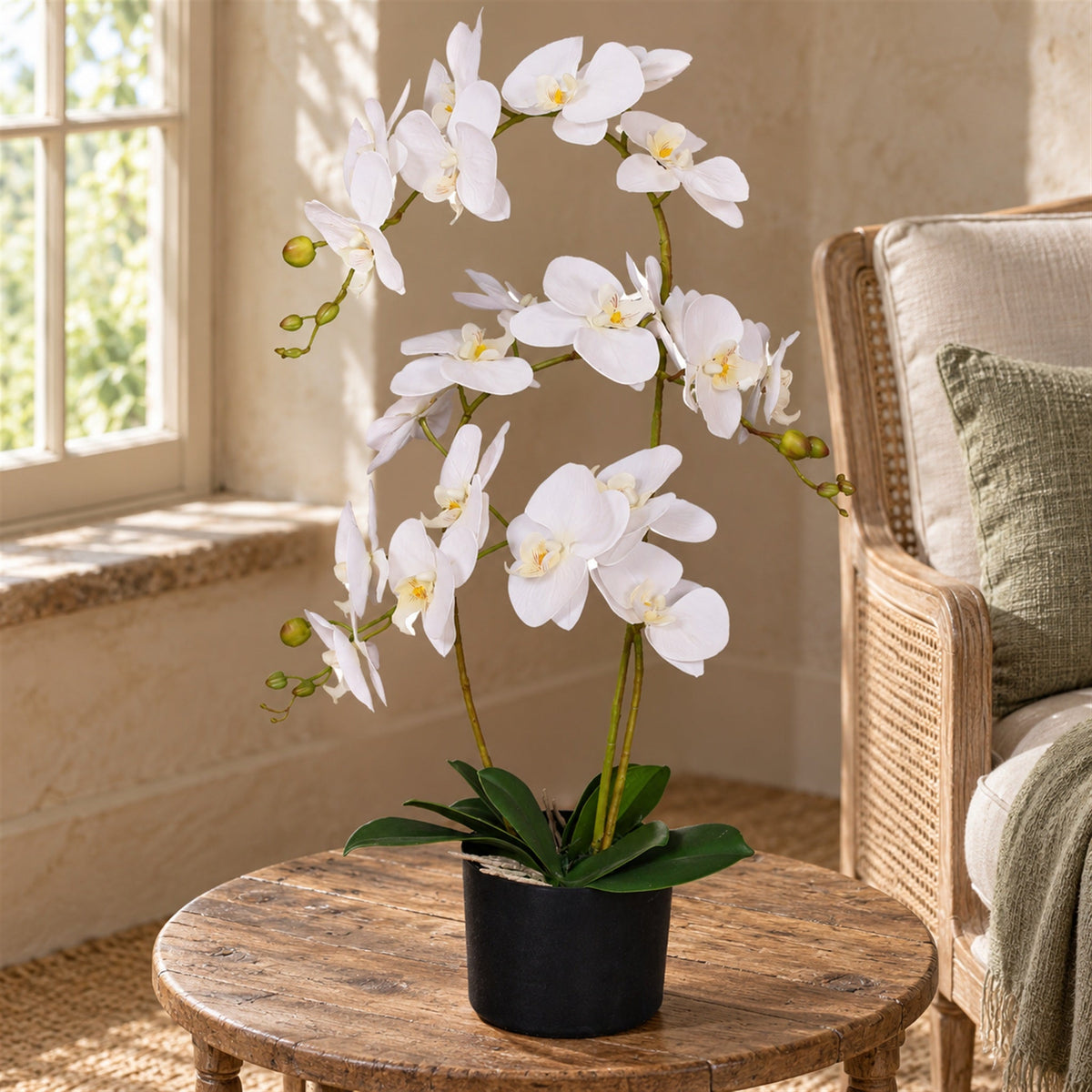 65cm Luxury Artificial Orchid 3 Stems Soft White Plant