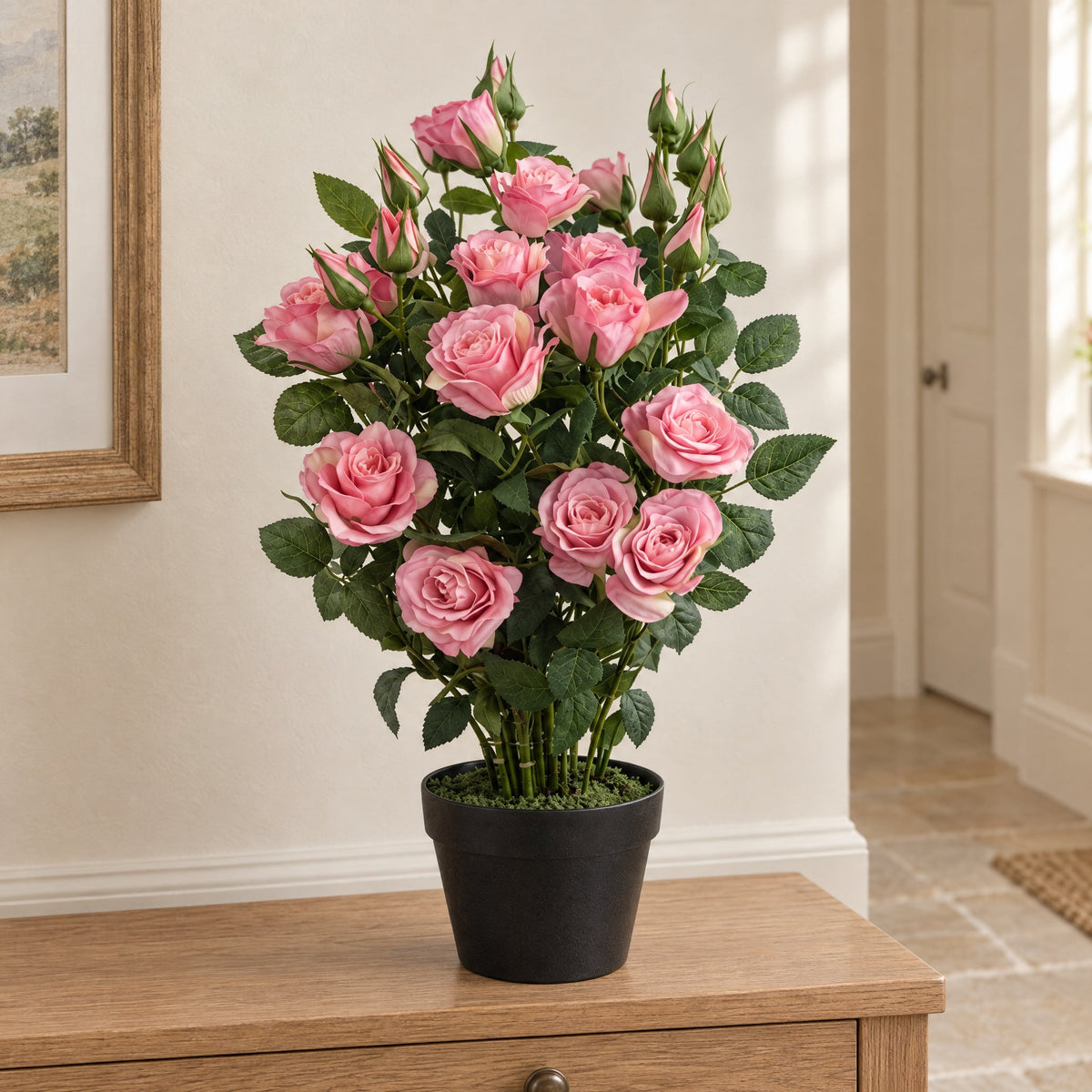 60cm Artificial Premium Rose Bush Pink Silk Flowers and Leaves