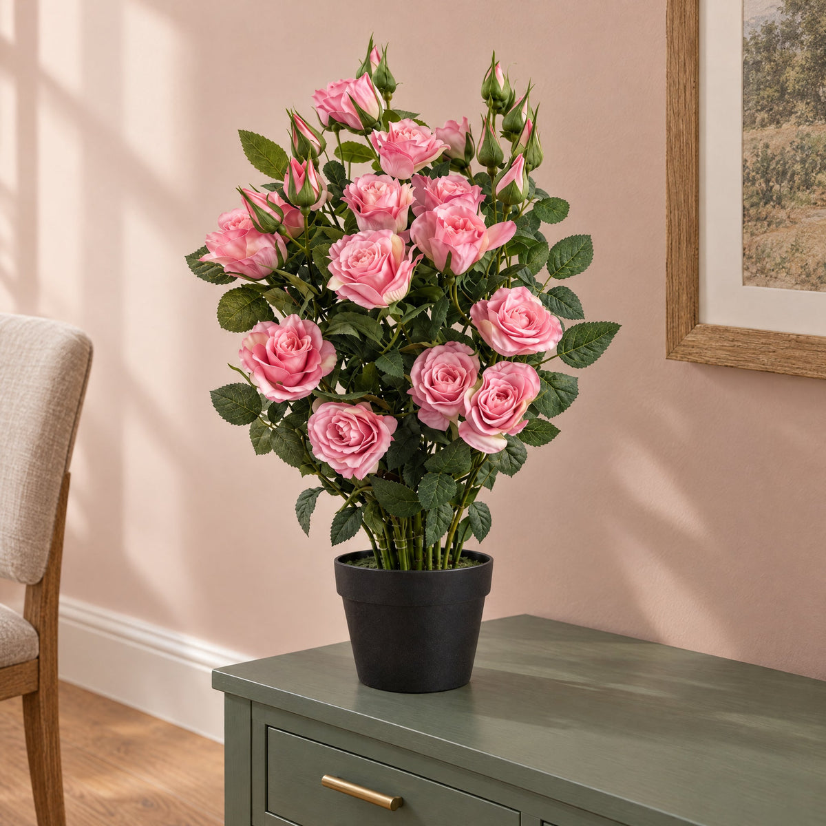 60cm Artificial Premium Rose Bush Pink Silk Flowers and Leaves