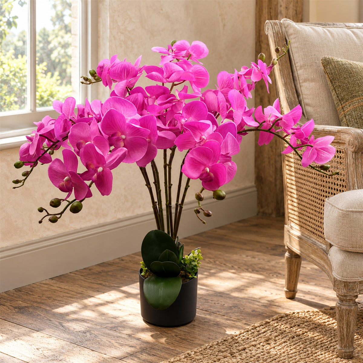 85cm Artificial Deluxe Bush Orchid Dark Pink with Black Pot