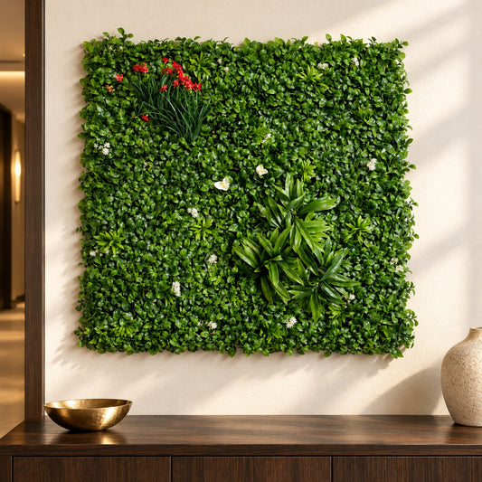 100cm Artificial Mixed Foliage Green Wall Panel Floral Detail Wall