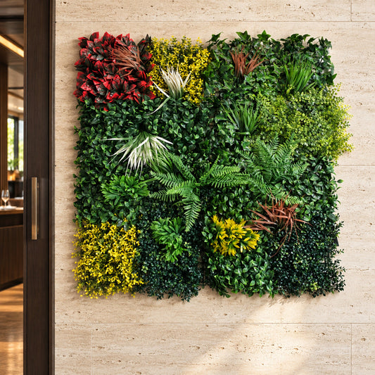 100cm Artificial Tropical Mixed Foliage Green Wall Panel Red Yellow