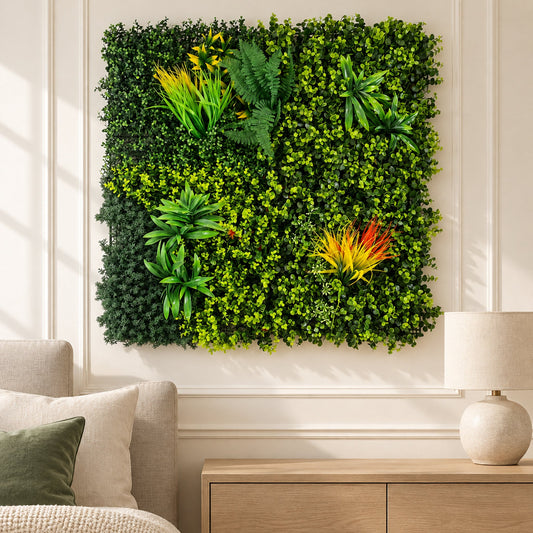 100cm Artificial Mixed Green Foliage Wall Panel Ferns Yellow Grass