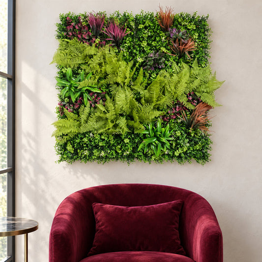 100cm Artificial Fern Mixed Foliage Green Wall Panel Burgundy Grass