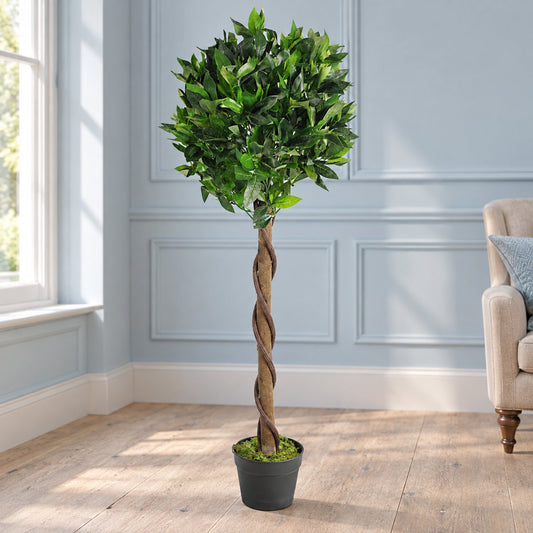 120cm Twist Natural Trunk Artificial Topiary Bay Laurel Ball Tree