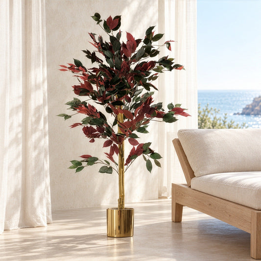 120cm Artificial Dark Red Green Ficus Plant Gold Planter