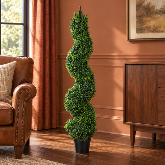 Artificial 120cm Tall Boxwood Tower Tree Topiary Spiral Metal Top