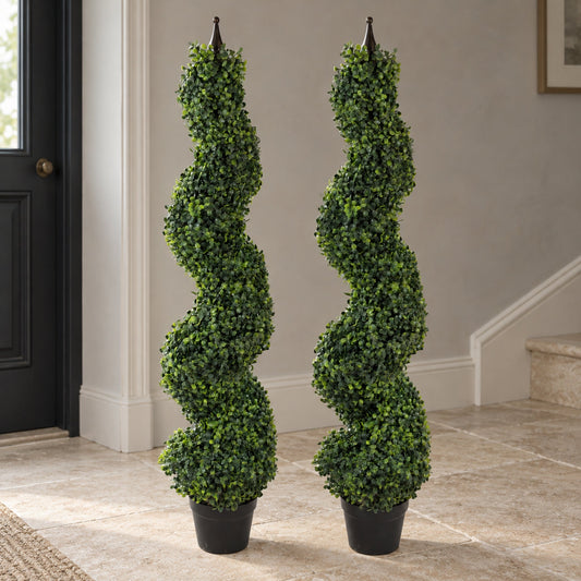 Pair of 120cm Tall Artificial Boxwood Tower Trees Topiary Spiral Metal