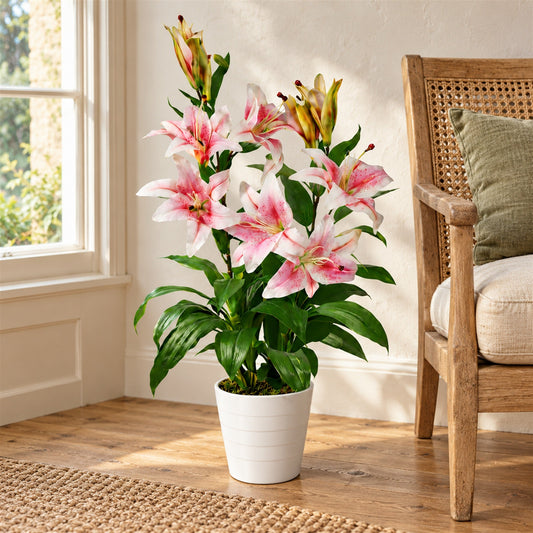 Artificial 90cm Lily Stargazer Style Lillies Plant Large Flowers Pink