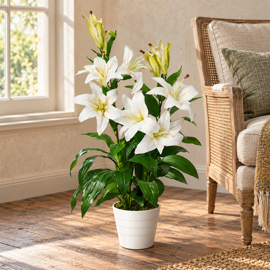 Artificial 90cm Lily Stargazer Style Lillies Plant Large Flowers White