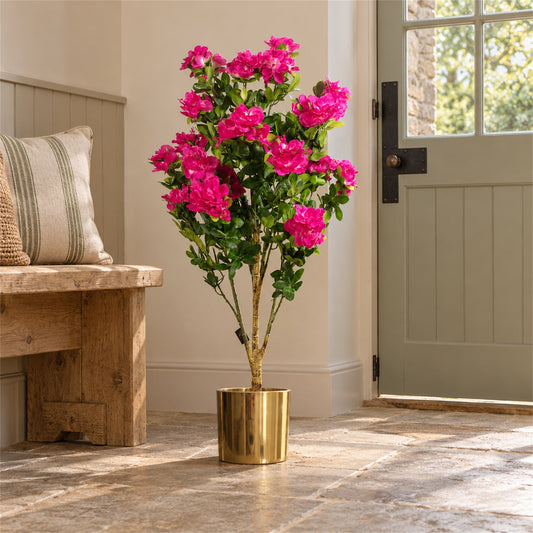 Artificial 100cm Azalea Pink Flowers Potted Plant with Gold Planter