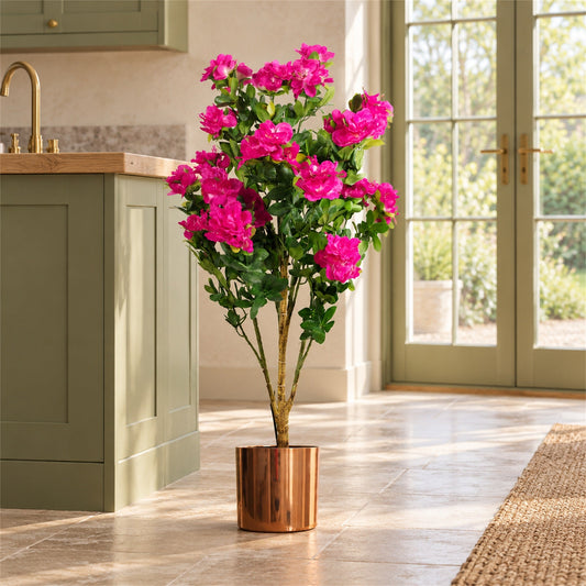 Artificial 100cm Azalea Pink Flowers Potted Plant with Copper Planter