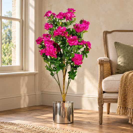 Artificial 100cm Azalea Pink Flowers Potted Plant with Silver Planter