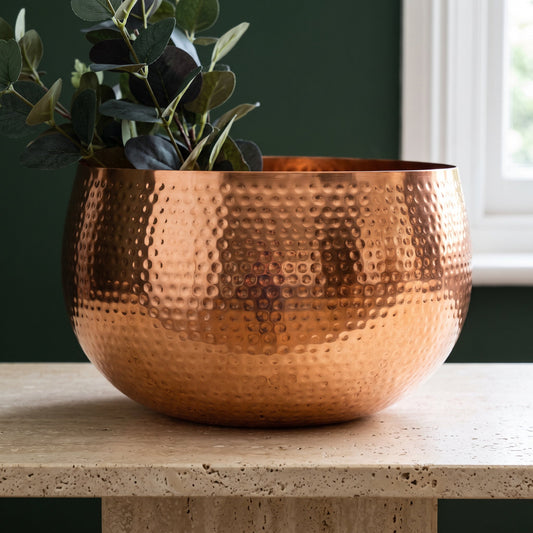 Leaf Metal Bowl Planter 32 x 20cm Hammered Copper Colour Straight Edge