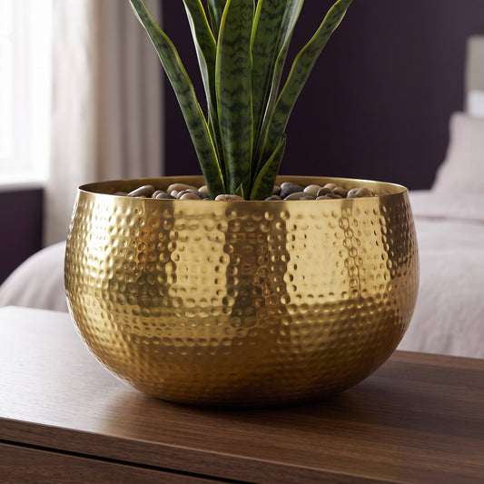 Leaf Metal Bowl Planter 32 x 20cm Hammered Gold Colour Straight Edge