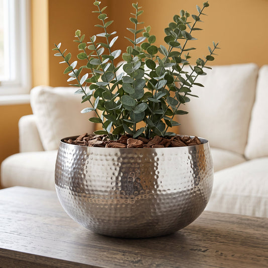 Leaf Metal Bowl Planter 32 x 20cm Hammered Silver Colour Straight Edge