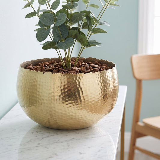 Leaf XL Metal Bowl Planter 32 x 20cm Hammered Gold Colour Curvy Edge