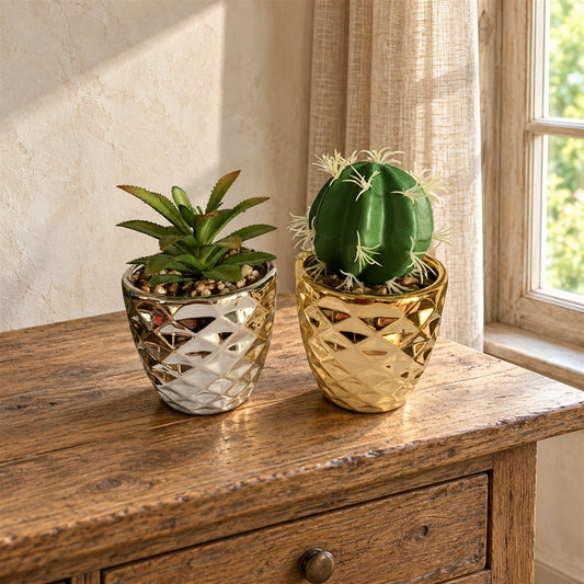 Artificial 15cm Set of Two Silver Gold Ceramic Planters Cactus