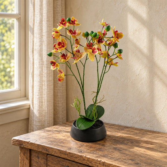 43cm Large Pink Yellow Artificial Orchid in Ceramic Planter