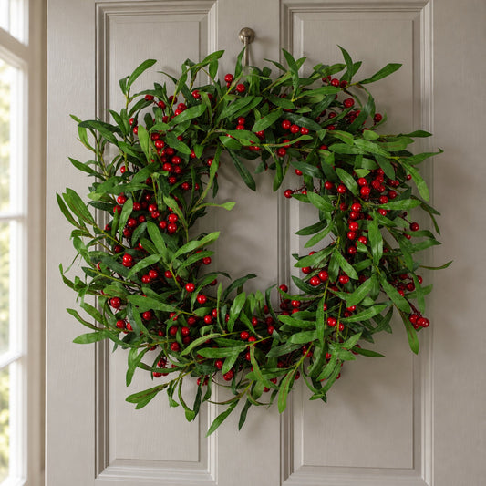 Artificial 60cm Christmas Mistletoe Leaf Red Berry Floristry Wreath