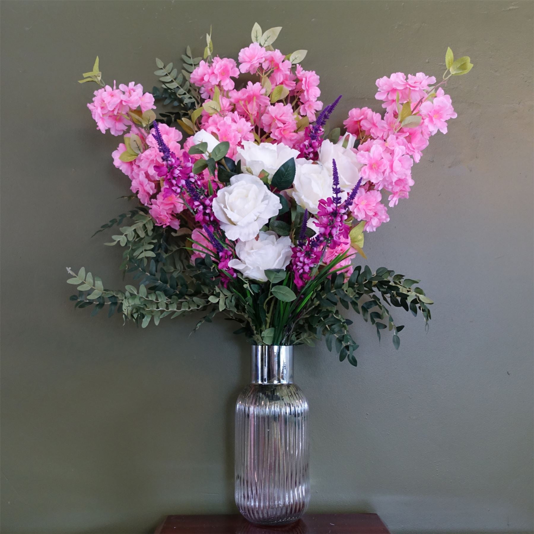 100cm Artificial Pink Blossom White Rose Arrangement Glass Vase – image 6
