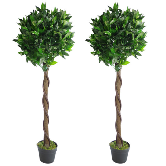 Pair of 120cm Twisted Stem Artificial Topiary Bay Laurel Ball Trees