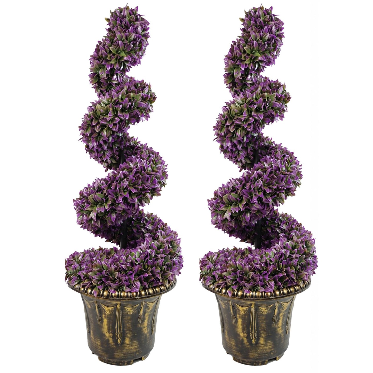 90cm Artificial Pair of Purple Leaf Spiral Topiary Trees with Planters