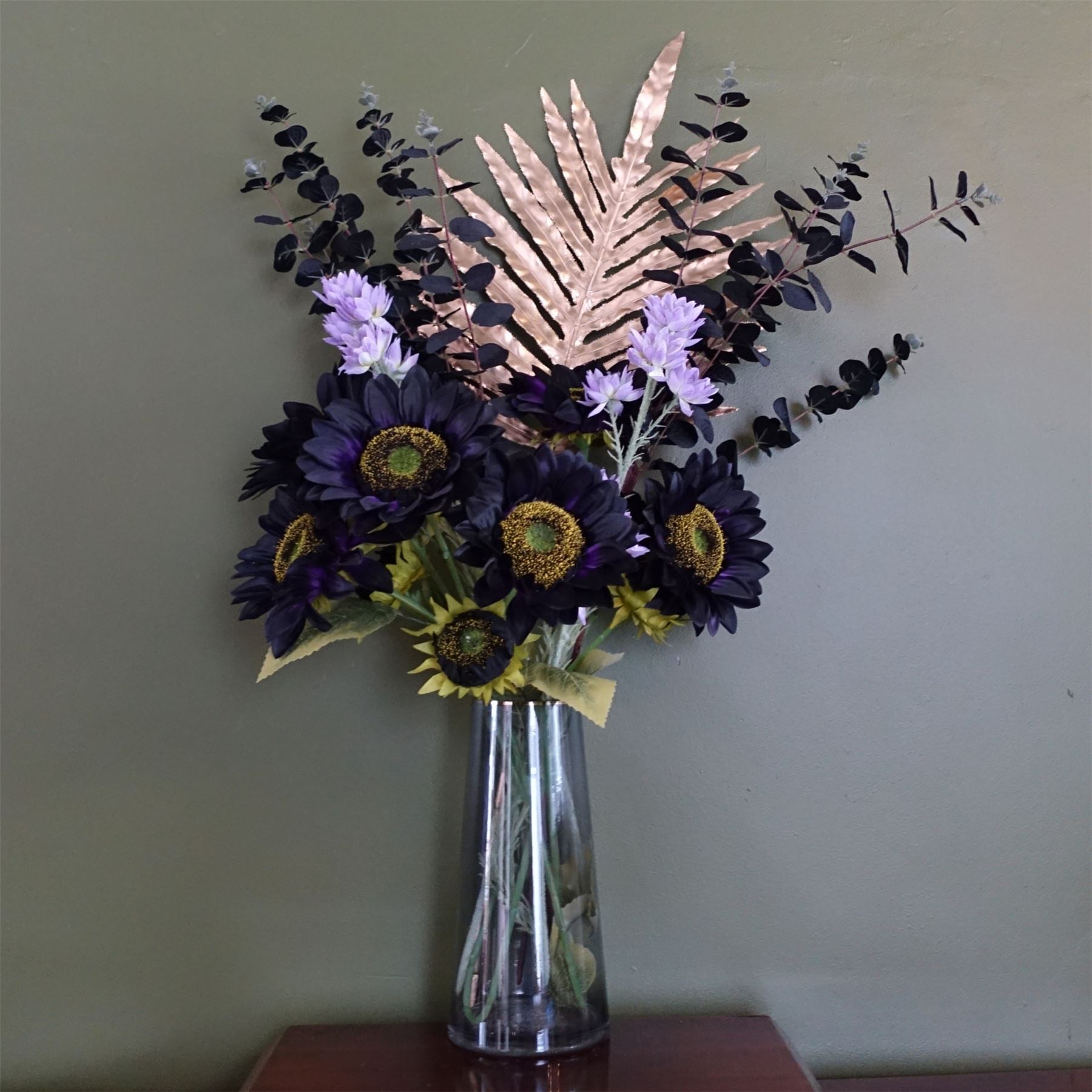 80cm Artificial Purple Sunflower and Gold Leaf Display Glass Vase – image 4