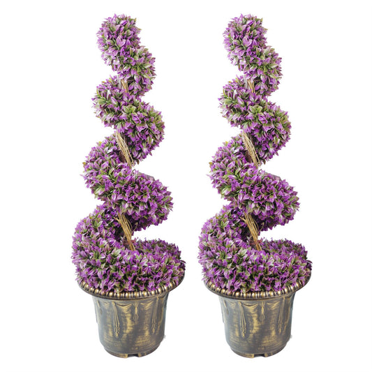 90cm Artificial Pair of Purple Leaf Spiral Topiary Trees with Planters